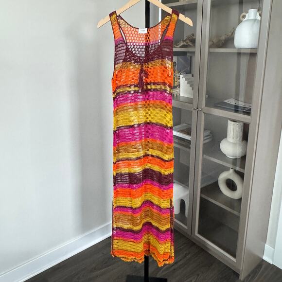 Anna Kosturova Handmade Crochet Knit Dress M Pimento Color Striped Tassel Midi - Picture 2 of 7